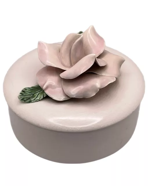 VTG 50’s Capodimonte Style Hand Painted Applied Rose Ceramic Round Powder Box