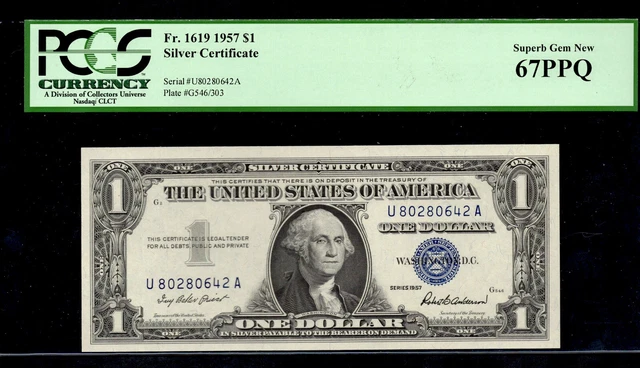 2 (TWO) CONSECUTIVE UNITED STATES 1957 $1 Silver Certs. FR#: 1619. PCGS: 67 PPQ.
