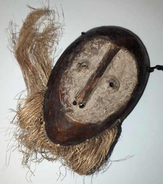 Original African Handmade Raffia Face Ceremonial Used Mask Wood Lega Drcongo