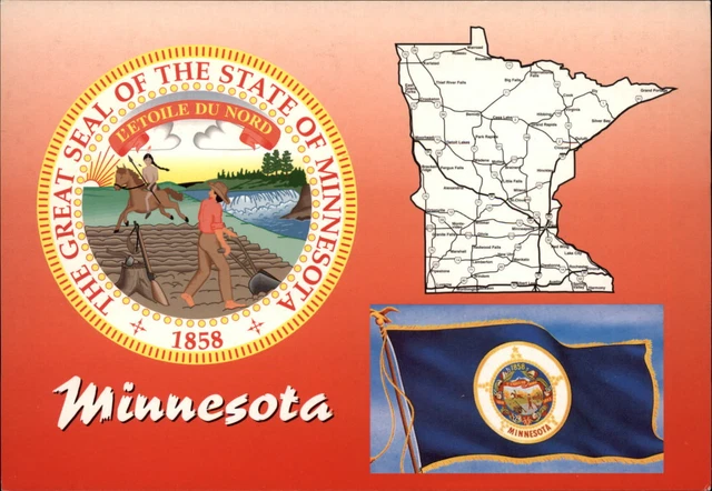 St Paul Minnesota State Seal Flag Map The Song of Hiawatha Sioux Indian postcard
