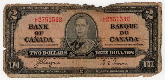 1937 Bank Of Canada Two 2 Dollar Bank Note Jr 2751532 Nice Bill Coyne