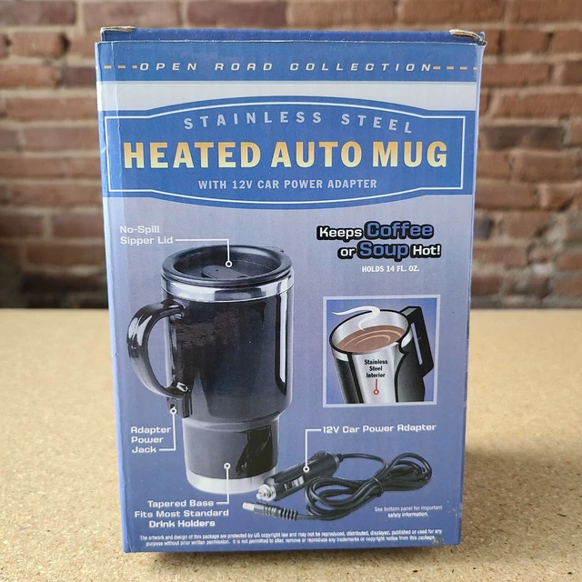 Heated Auto Mug Stainless Steel, 12V Car Power Adapter- Coffee, Tea *Free Ship*