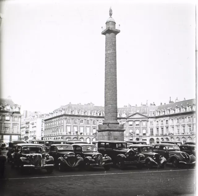 PARIS Place Vendôme Voitures anciennes c1930 Photo Plaque verre Stereo Vintage 