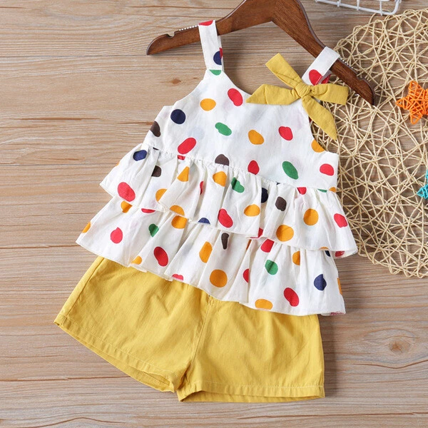 Completo Bimba bambina Maglia maniche corte pantaloni corti bianco giallo B053