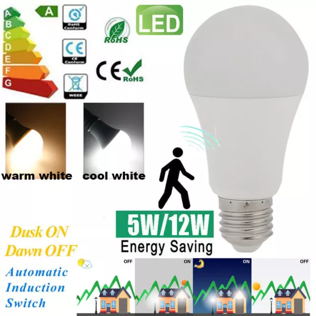 E27 5W/12W LED Lamp With Light Sensor Twilight Sensor Light Bulbs Illuminated UK