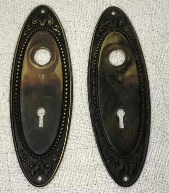 Set Of 2 Antique Vintage Brass Skeleton Key Hole Door Plates Oval Patina 7”