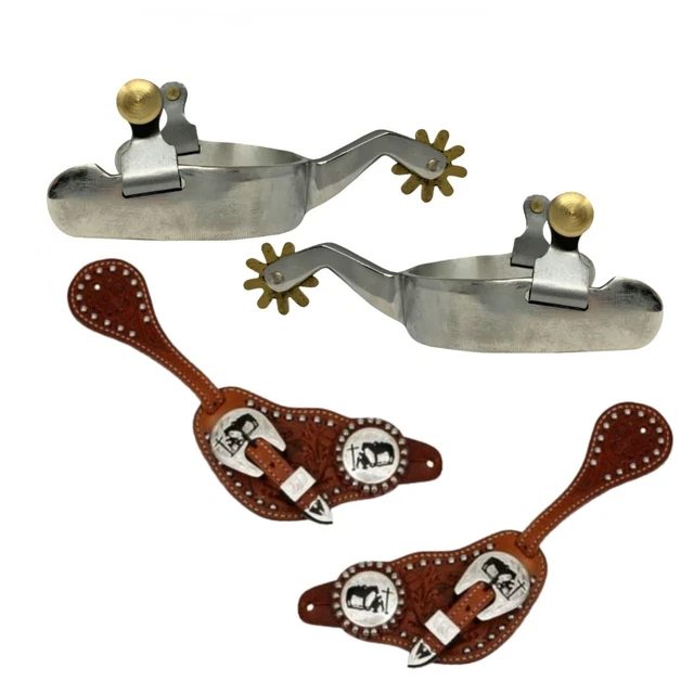 Western Spurs with Set of Leather Praying Cowboy at Cross Western Spur Straps