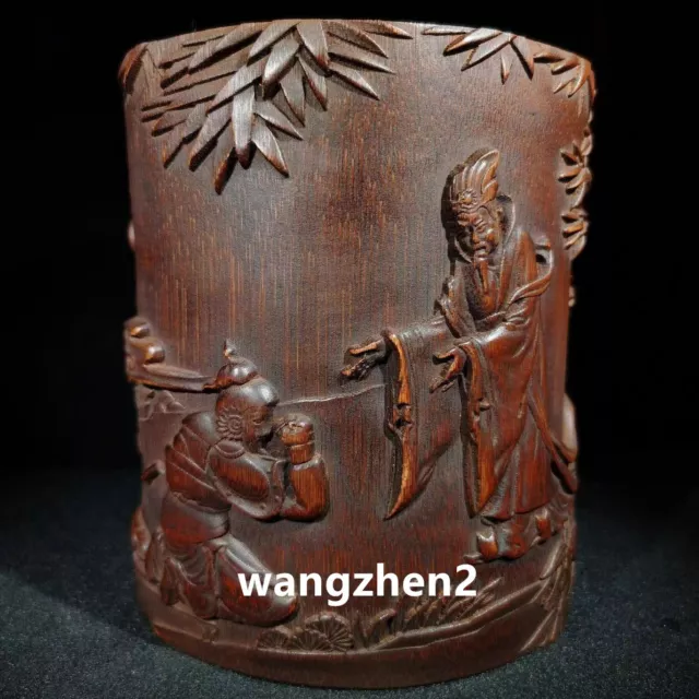 Chinese Wood brush pot Bamboo carving Pen holder with Character Story Pattern