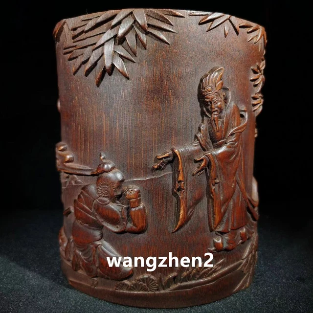 Chinese Wood brush pot Bamboo carving Pen holder with Character Story Pattern