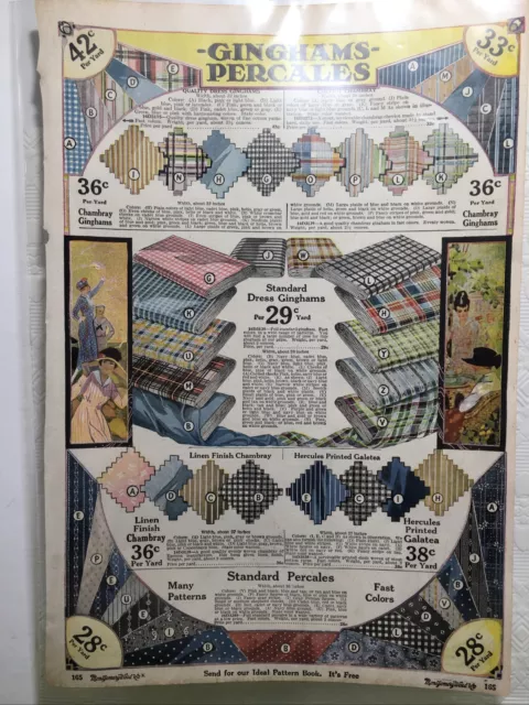 1918 Antique Montgomery Ward Catalog Color Page Fabric Ginghams Percales