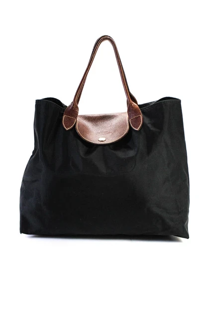 Longchamp Paris Womens Medium Le Pilage Tote Handbag Black Brown Nylon Leather