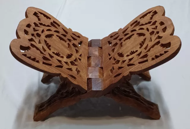 Vtg Shesham Wood Folding Bible Or Cookbook Stand By Sarna India. Hand Carved.