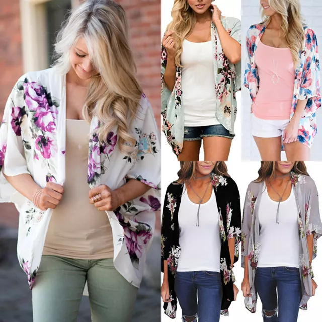 Womens Boho Jacket Floral Kimono Cardigan Cover Up Casual Shawl Coat Blouse Tops 2