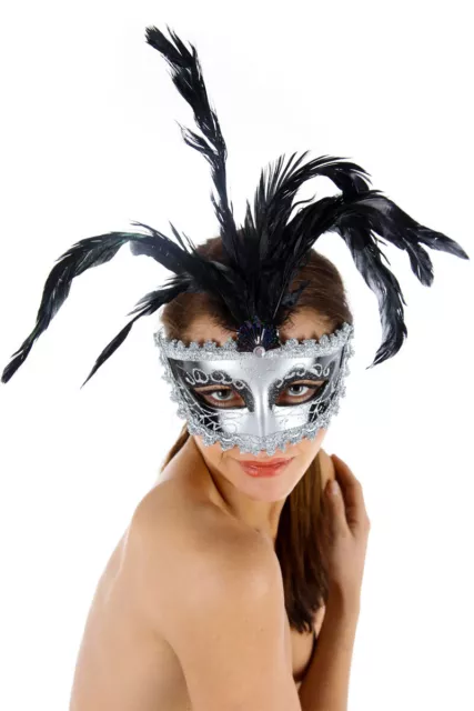 Maskarade maschera veneziana con piume - argento 3