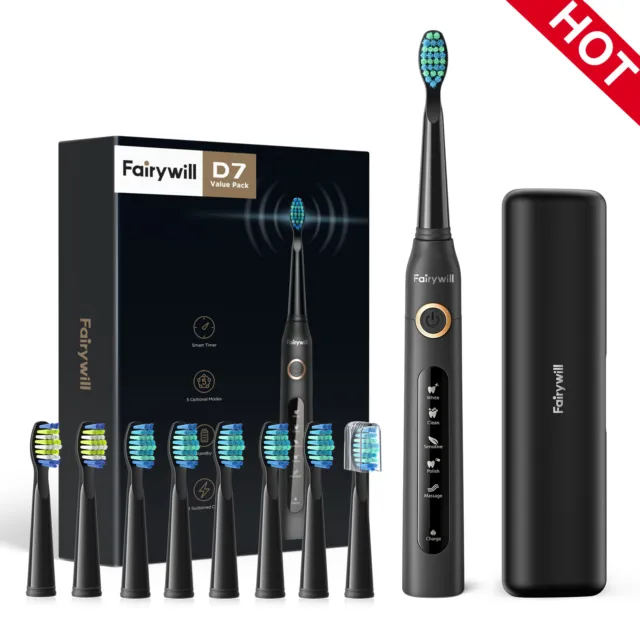 Fairywill Sonic Electric Toothbrush USB Rechargeable 8 Heads Travel Case Timer