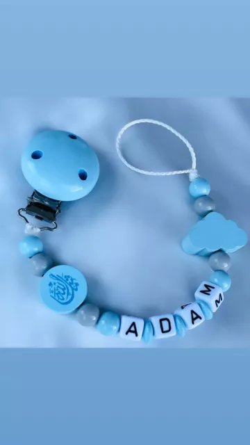 Schnullerkette mit Namen Mashallah + Wolke Babyblau + Grau  . Babygeschenk