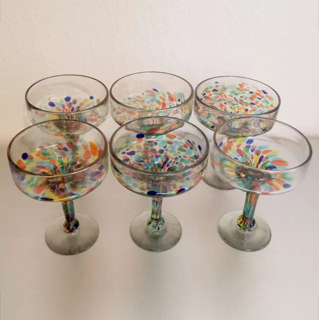 Hand-Blown MARGARITA GLASSES Colorful CONFETTI Swirl - Set of 6 - MEXICO Heavy