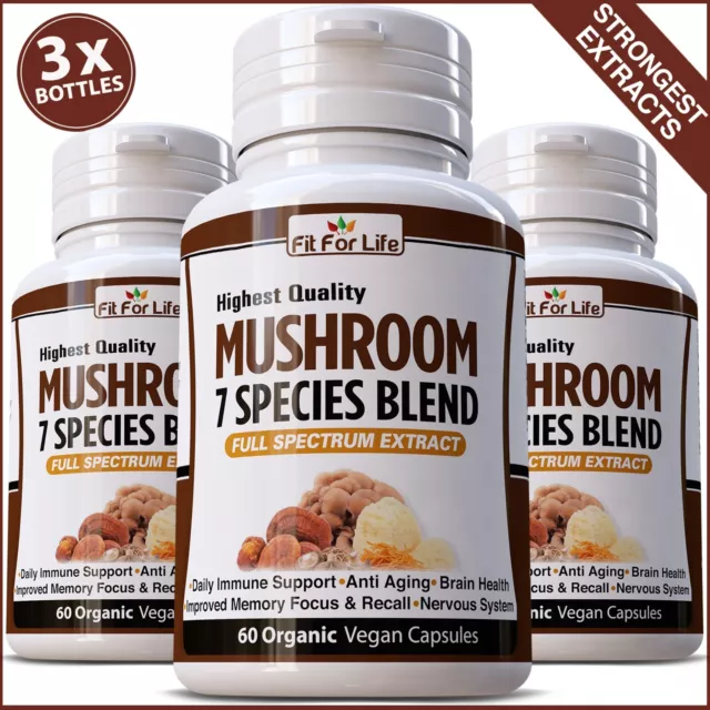 180 X Capsules Mushroom Complex 7 Organic Chaga Reishi Lions Mane Brain Memory