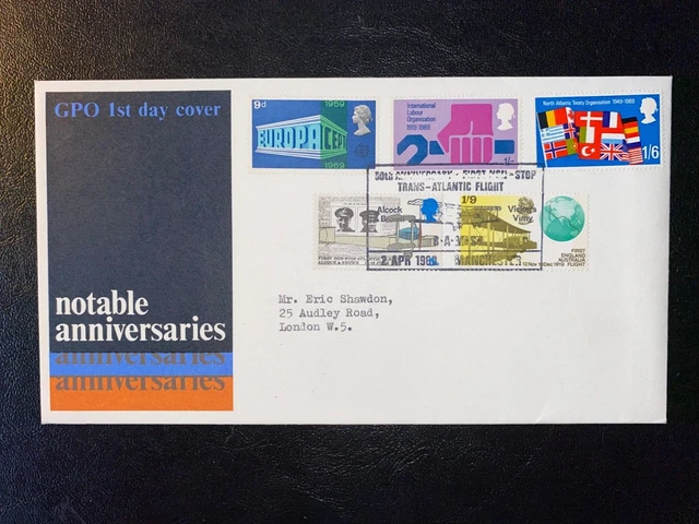 1969 Notable Anniversaries Gpo Fdc & Alcock & Brown, Manchester Shs Cv £45