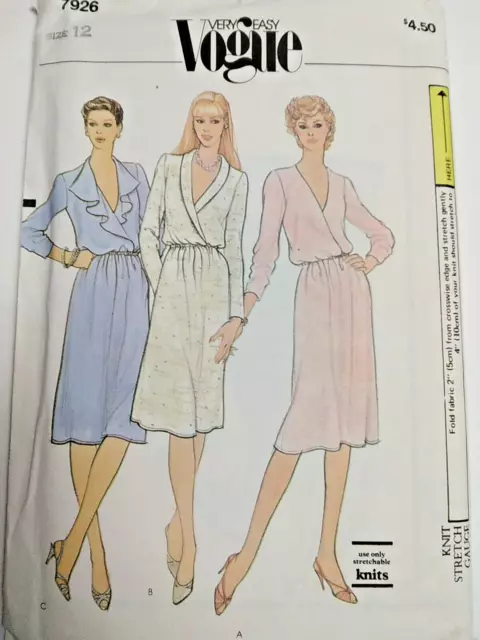 Punto Jersey Vestido 12 Vogue Patrón de Costura UC Muy Fácil Vtg 80sV Cuello Fi