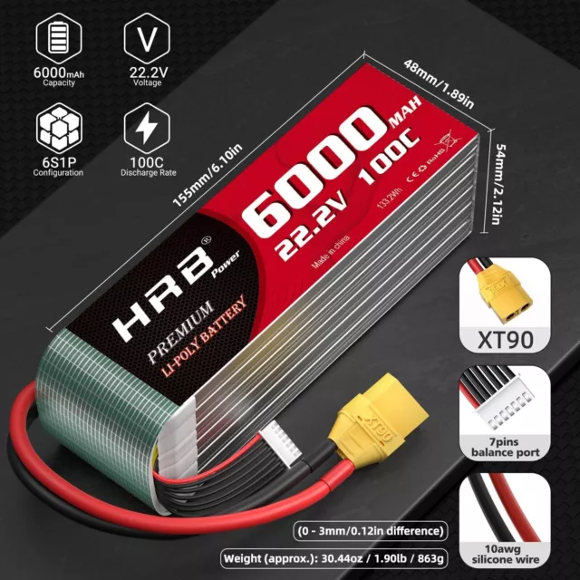 2x HRB 6S 6000mAh 22,2V 100C XT90 LiPo Batterie für RC Flugzeug Drohne Auto Akku 2