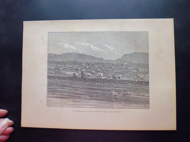 19° black and white engraving:Europe: general view of Turin, capture of the Mount of Capuchins
