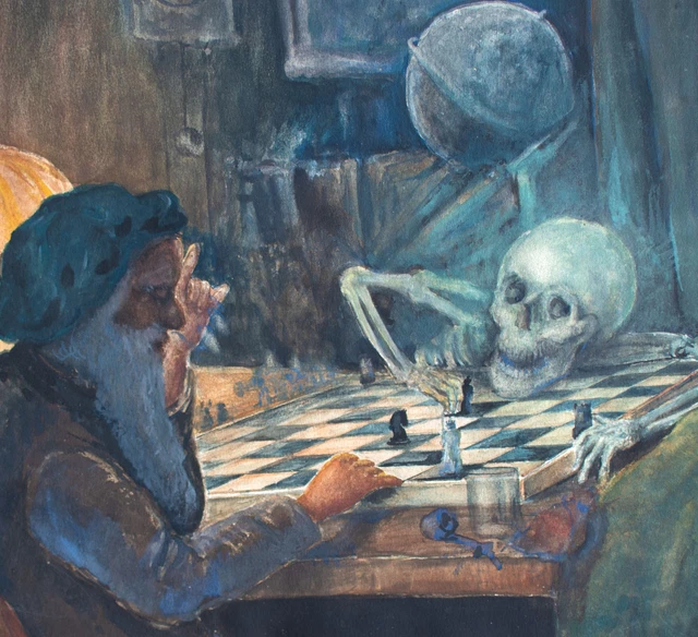 CHESS GAME DEATH allegory interior scene genre German original