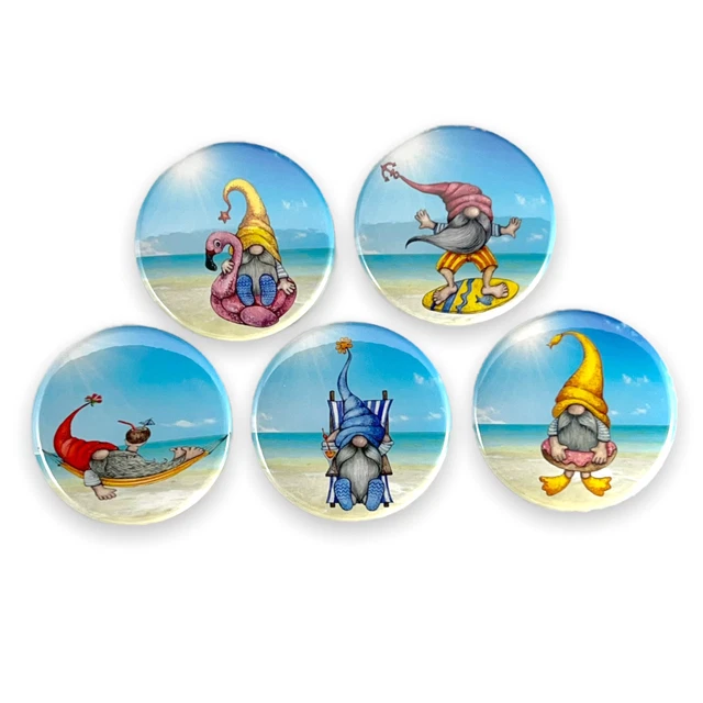 Beach Day Gnomes Set of 5 - 2.25 Inch Magnets for Fridge Kitchen Whiteboard Cute