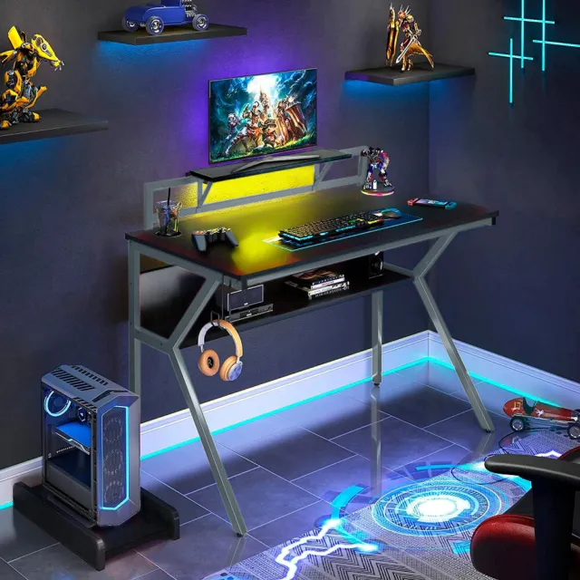 Neo Ergonomic 2 Tier Gaming Racing Desk Table with Headphone Hook Monitor Stand