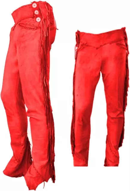 Men Native American Western Cowboy Leather Pants Suede Leg Side Fringe Red