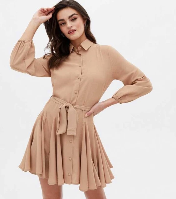 New Look Cameo Rose Camel Tie Waist Mini Shirt  Dress Uk 16 Bnwt