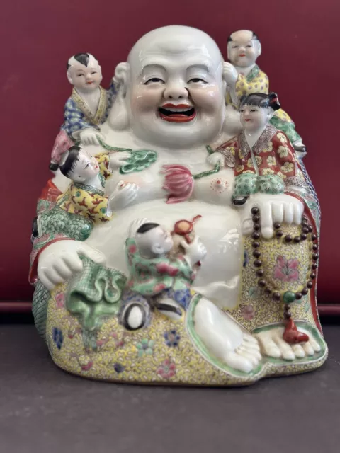 8.8” Old Chinese Famille Rose Porcelain Maitreya Buddha Five Child Statue