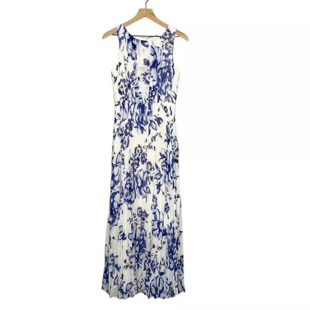 Eliza J Pleated Floral Chiffon Maxi Dress Cobalt Women's Size 6 Blue/White