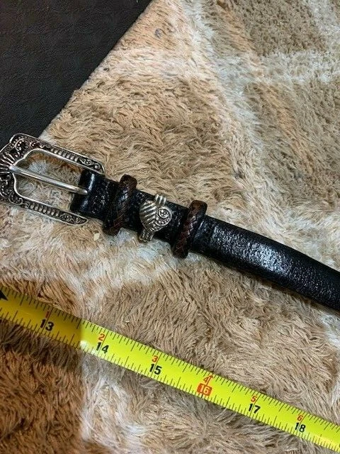 Women's Brighton Black Brown Leather Belt Heart Size ML 32 B7603 EUC MUST SEE !!