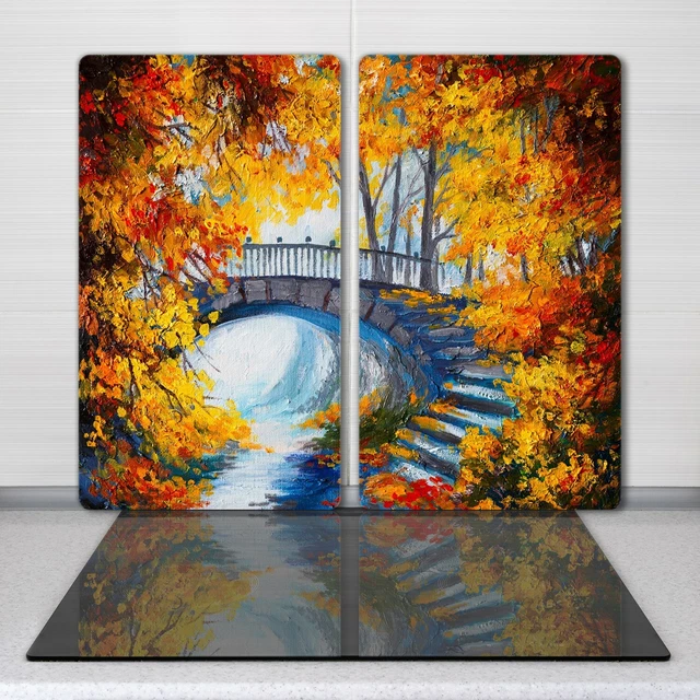 Planche à Découper En Verre Coloray 80x52 Cm – Motif Arbres Rivière Pont – Décoration Cuisine