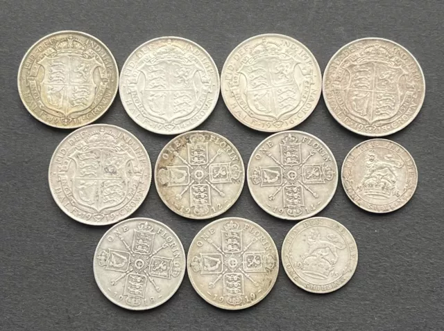 George V Pre 1920 Silver Coins - Half Crowns, Florins, Shillings. 126g