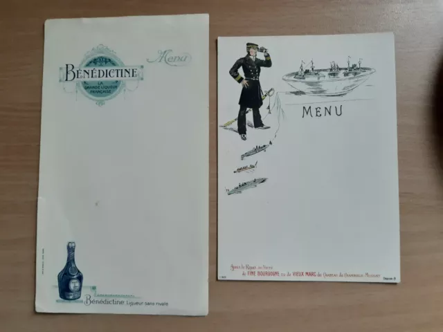 Lot 2 ancien menu Bénédictine.  Vieux Marc Fine de Bourgogne.