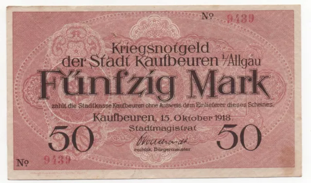 Germany Kaufbeuren 50 Mark 1918 War Emergency Money Notgeld Kriegsnotgeld