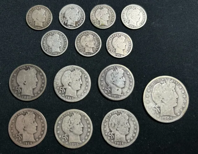 1898-1915 Barber Silver Collection, Dime, Quarter, & Half Dollar 14 Coin Lot