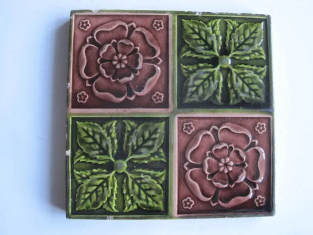 Antique Victorian Relief Moulded & Majolica Glazed Quartered Rose & Leaves Tile