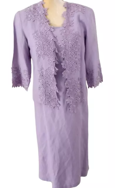 JESSICA HOWARD Ligth Purple Embroidery Floral Linen Dress Suit 3/4 Sleeve 12 P