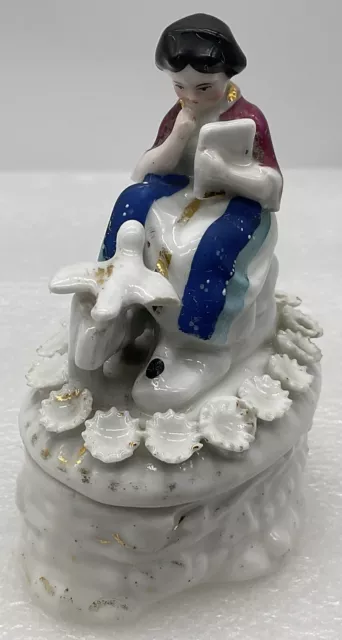 Antique Porcelain Whimsey Trinket Box Lady with Bird Holding a Book