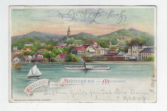 Starnberg, Litho, Gruss aus mit Schiff Luitpold, gelaufen 1900, München