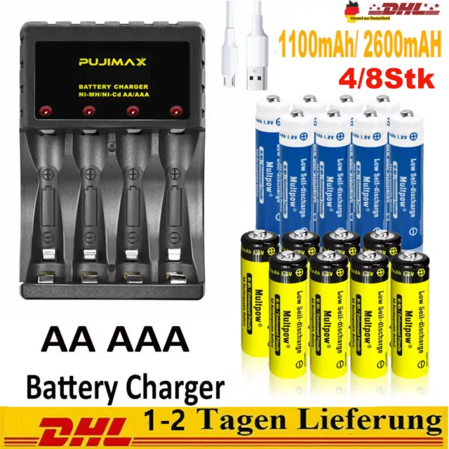 AA/AAA  Akku Ladegerät 3000mAh Ni-mh Rechargeable 4-8Stk  Akkus Batterien 1,2 V
