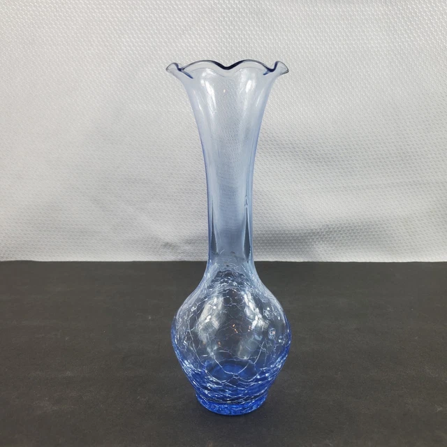 Vintage Hand Blown Blue Art Glass Crackle Bud Vase Fluted Ruffled Top