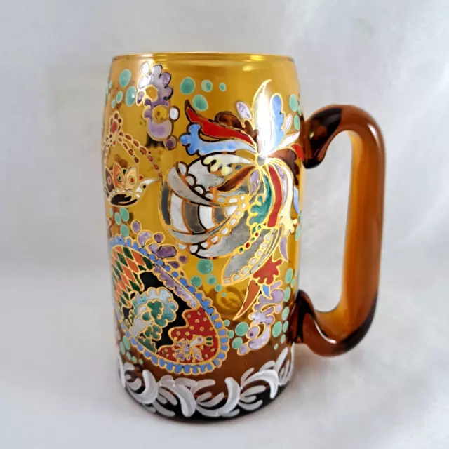 Jose Cire Spanish Heraldic Enameled Amber Glass Tankard Imperial Pint Beer Mug