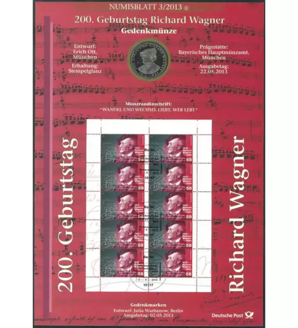 BRD Bund Numisblatt 3/2013 "200. Geburtstag Richard Wagner"