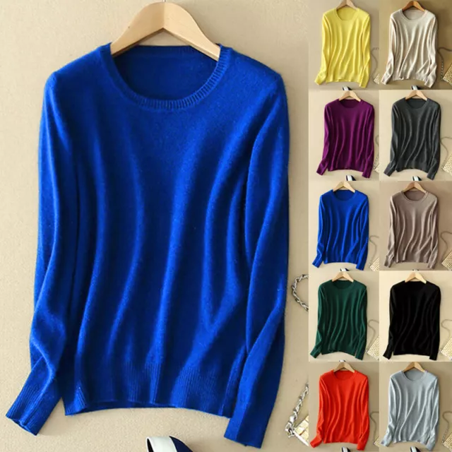 Women's Cozy Knitted Cashmere Sweater Crew Neck Fuzzy Pullover Slim Fit Wool