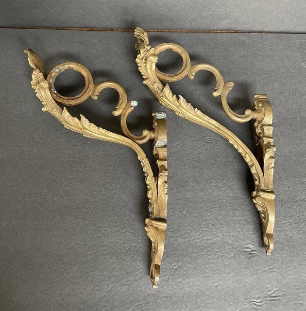 Antique 1 Pair Large French Gilt Bronze Curtain Rod Holders Brackets Signed