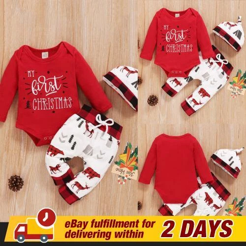 Newborn Baby Boys MY FIRST CHRISTMAS Outfits Romper Tops+Pants+Hat Set Clothes